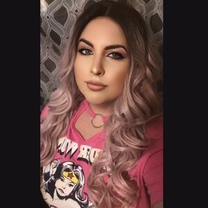 Light pink dark rooted wavy lace front wig